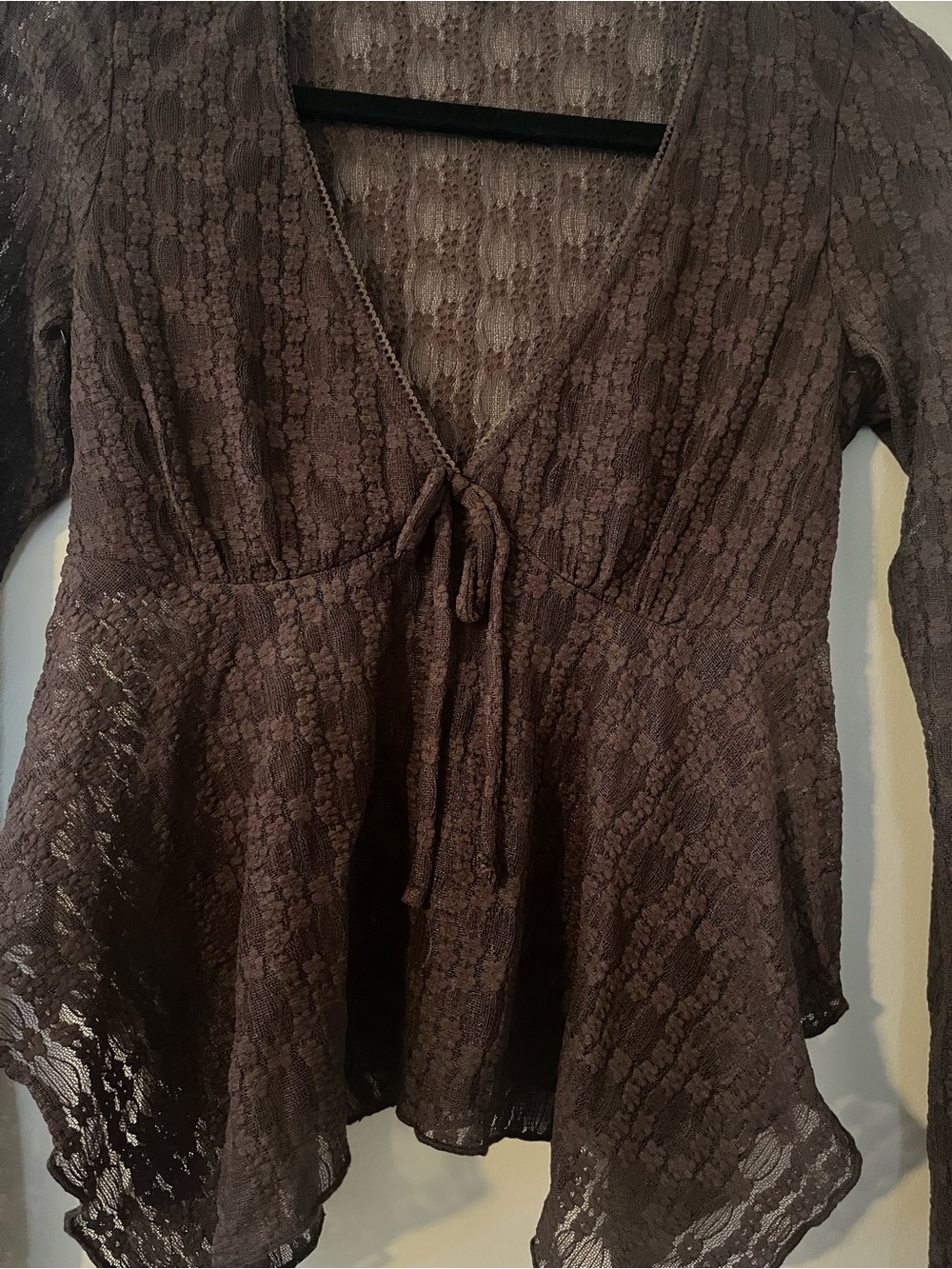 Brown Sheer Lace Tie Front Babydoll Top Small Coquette Handkerchief Hem Romantic - Picture 3 of 6